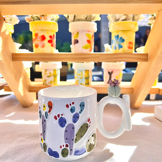 Handmade Cactus Mug with Cat Spoon