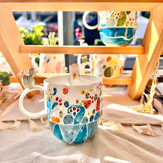 Handmade Cactus Mug with Cat Spoon