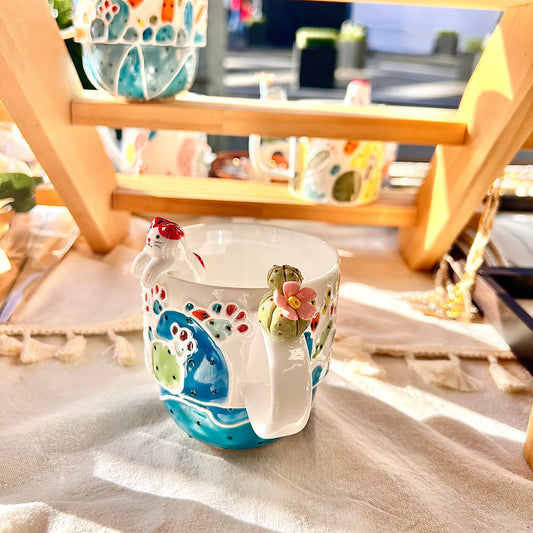 Handmade Cactus Mug with Cat Spoon