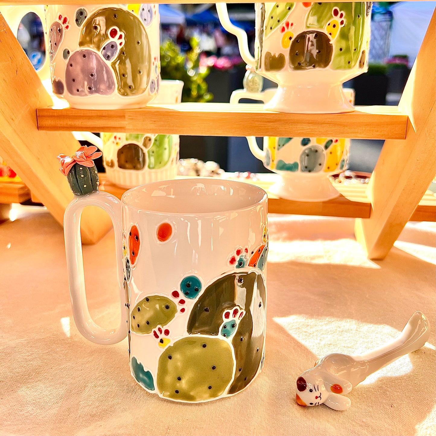 Handmade Cactus Mug with Cat Spoon