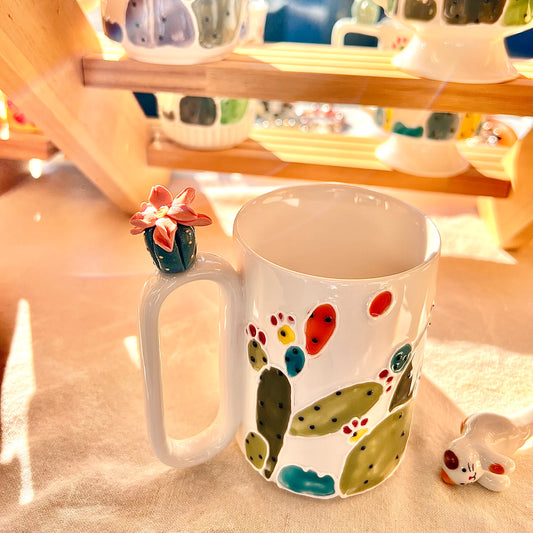 Handmade Cactus Mug with Cat Spoon
