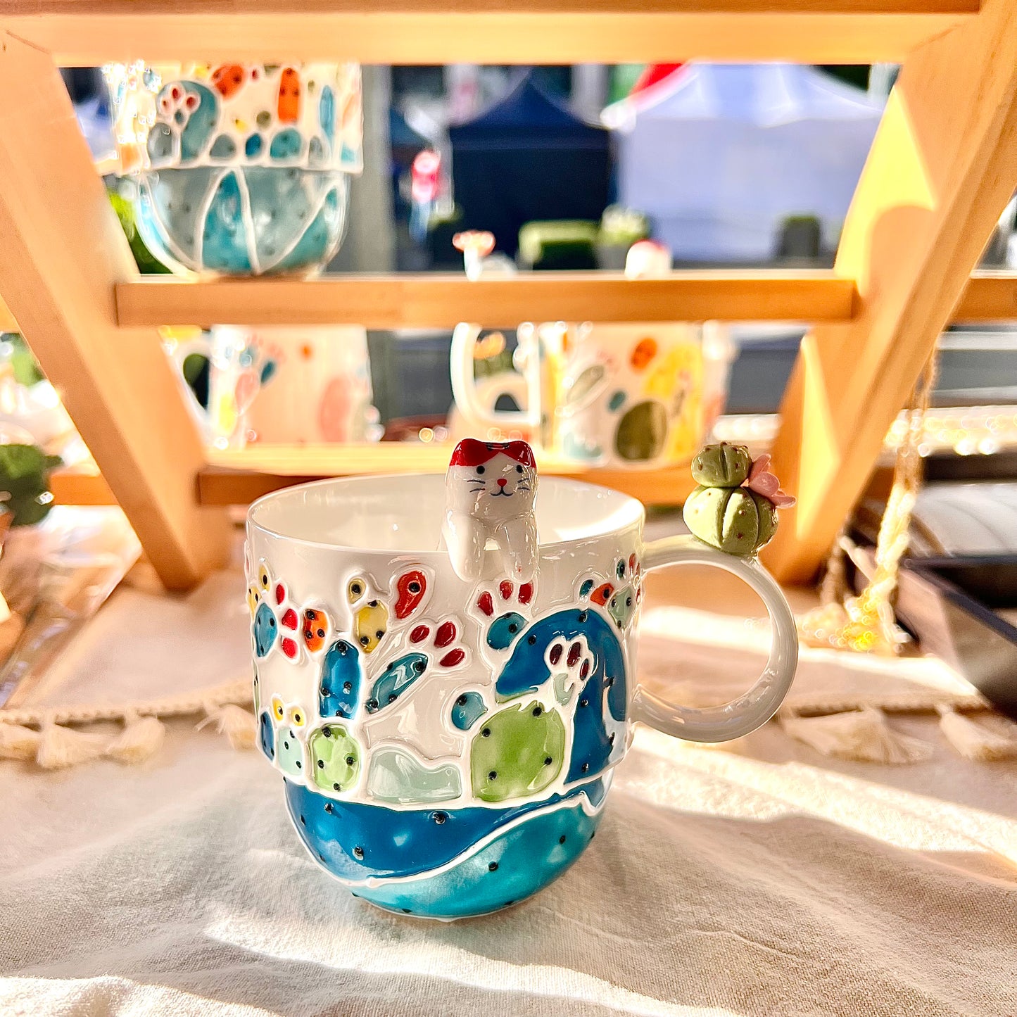 Handmade Cactus Mug with Cat Spoon