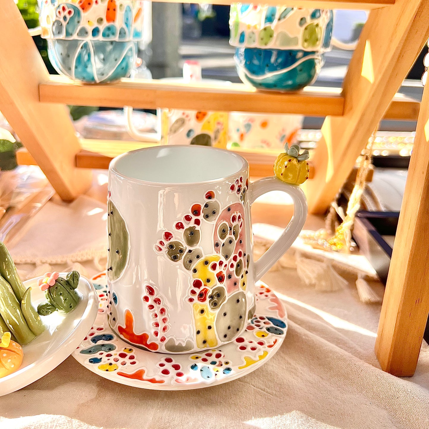 Handmade Cactus Mug Set with Cat Spoon
