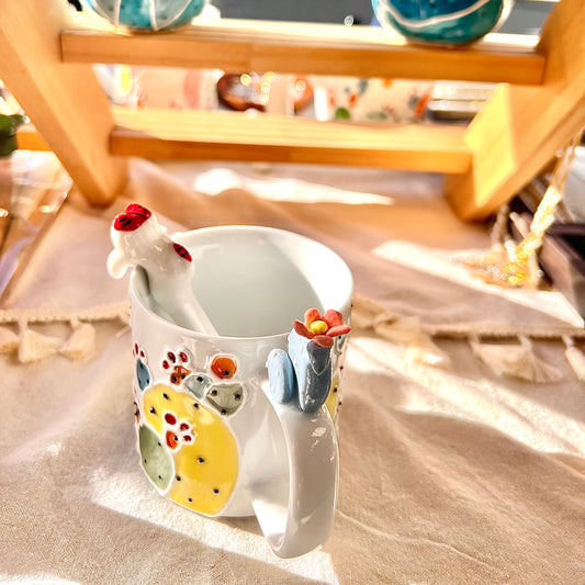 Handmade Cactus Mug with Cat Spoon