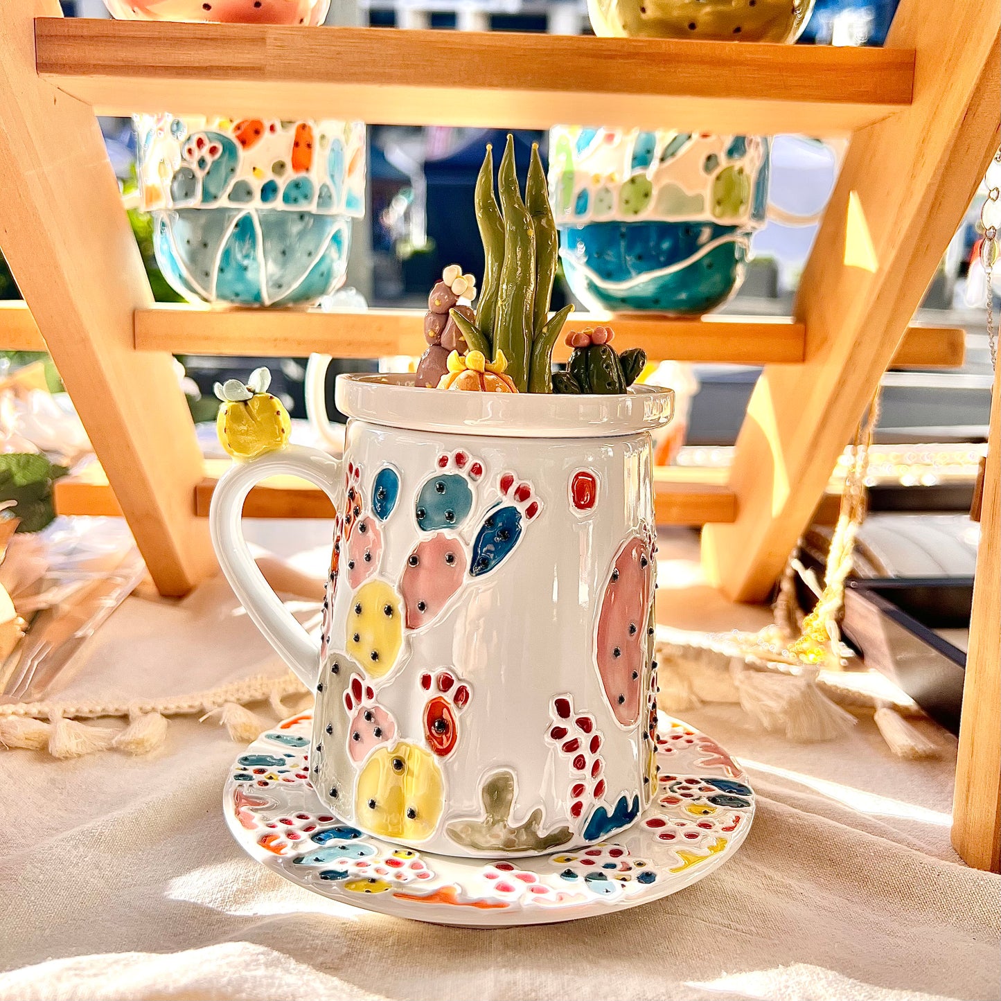 Handmade Cactus Mug Set with Cat Spoon