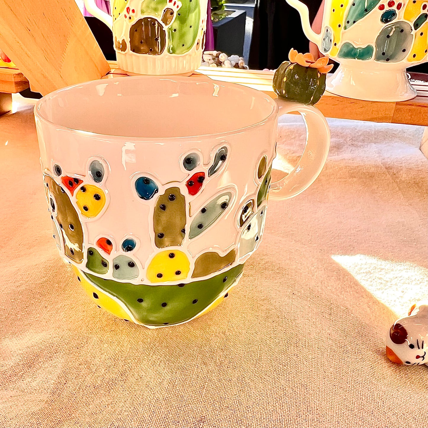Handmade Cactus Mug with Cat Spoon