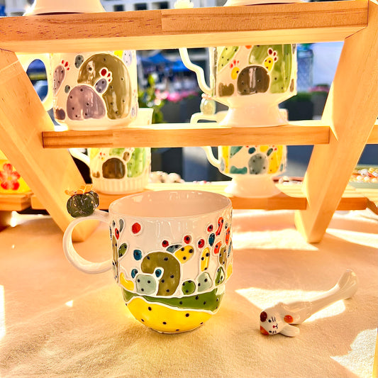 Handmade Cactus Mug with Cat Spoon