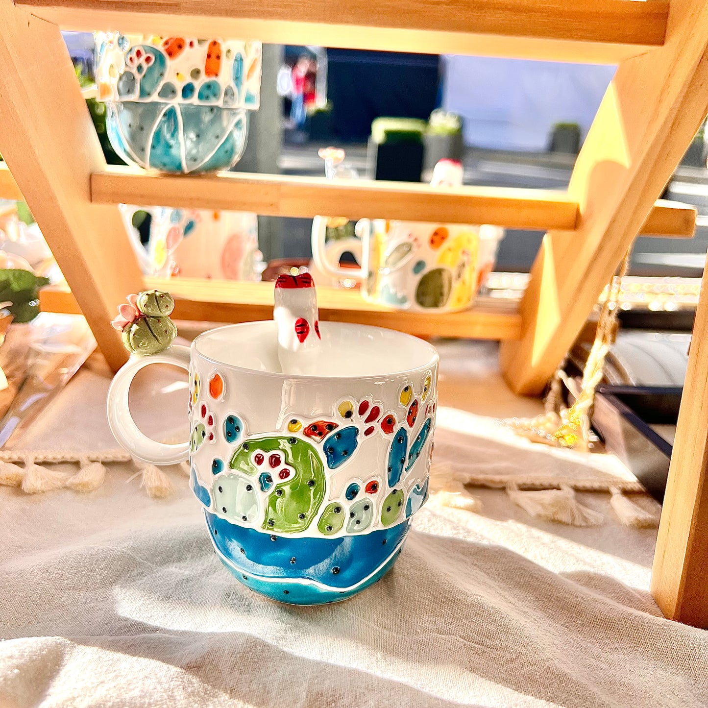 Handmade Cactus Mug with Cat Spoon