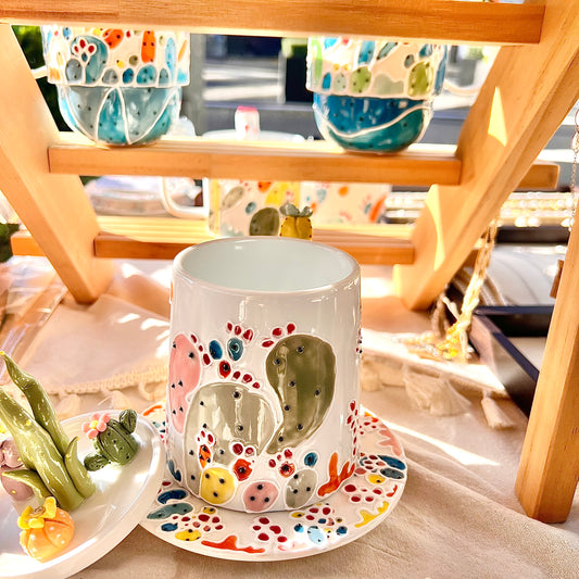 Handmade Cactus Mug Set with Cat Spoon