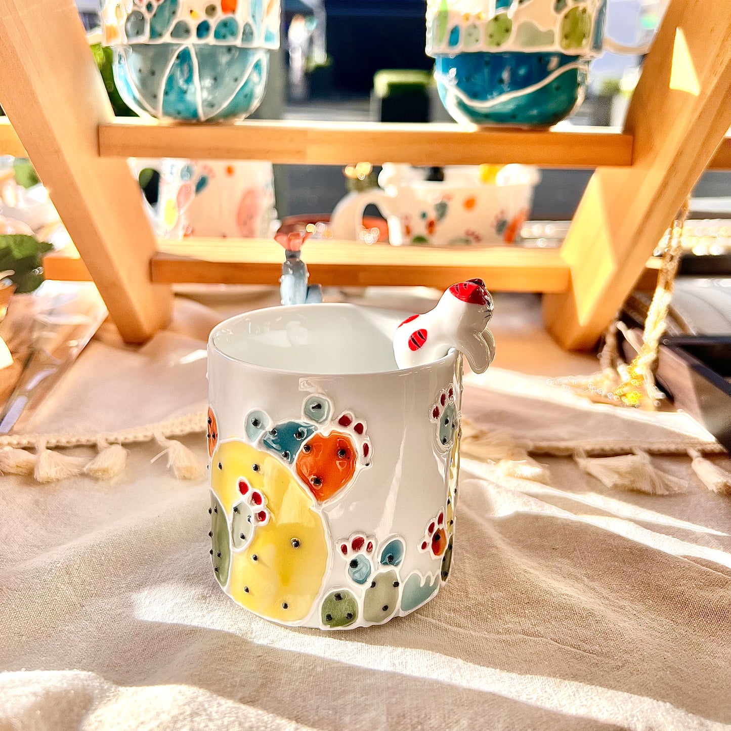 Handmade Cactus Mug with Cat Spoon