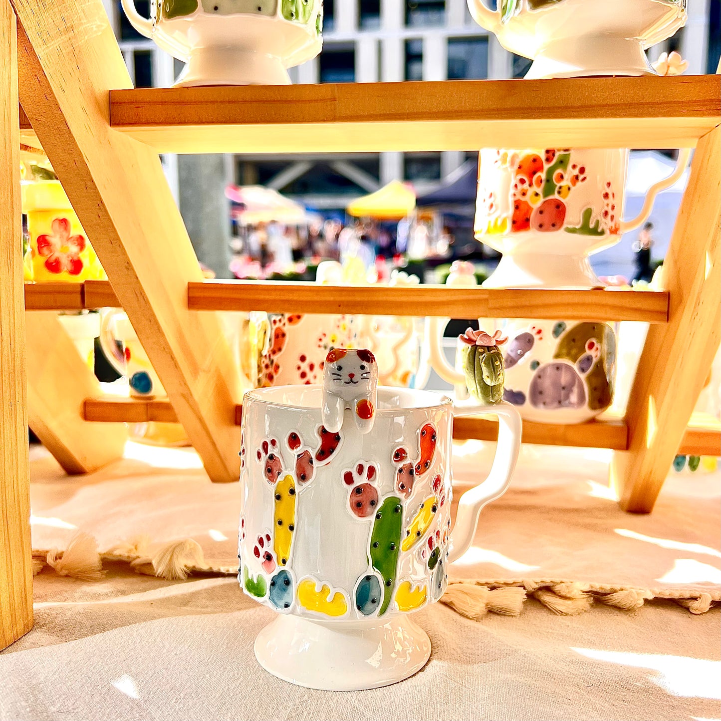 Handmade Cactus Mug with Cat Spoon