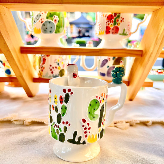 Handmade Cactus Mug with Cat Spoon