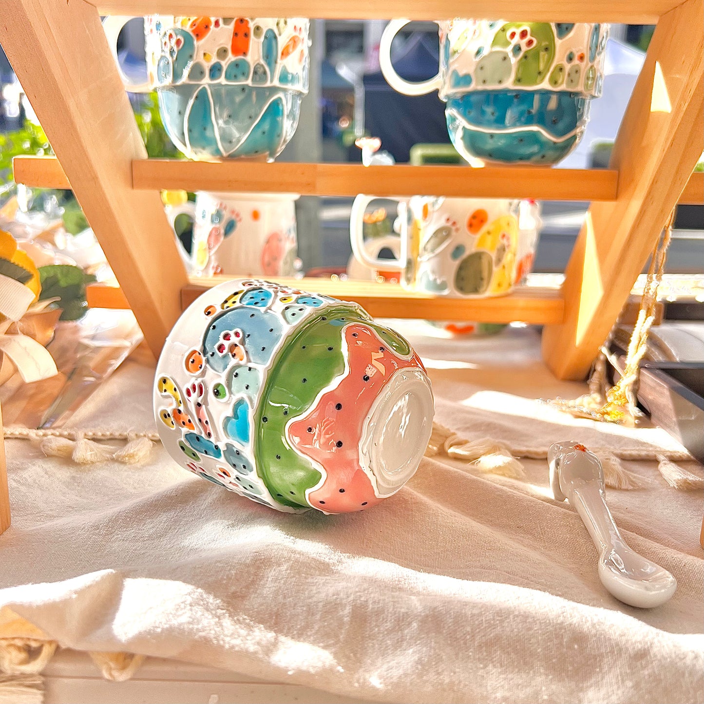 Handmade Cactus Mug with Cat Spoon