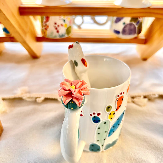 Handmade Cactus Mug with Cat Spoon