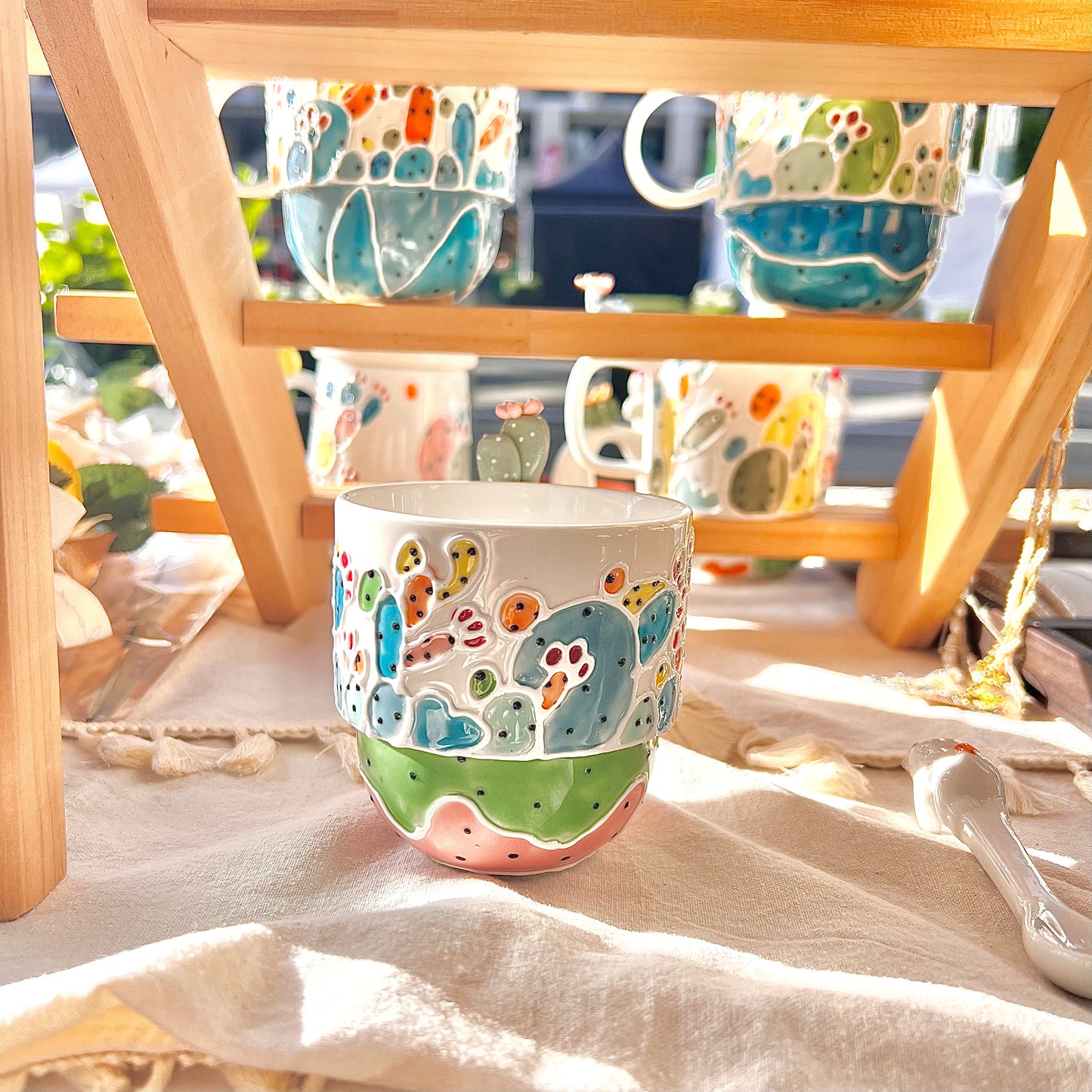 Handmade Cactus Mug with Cat Spoon