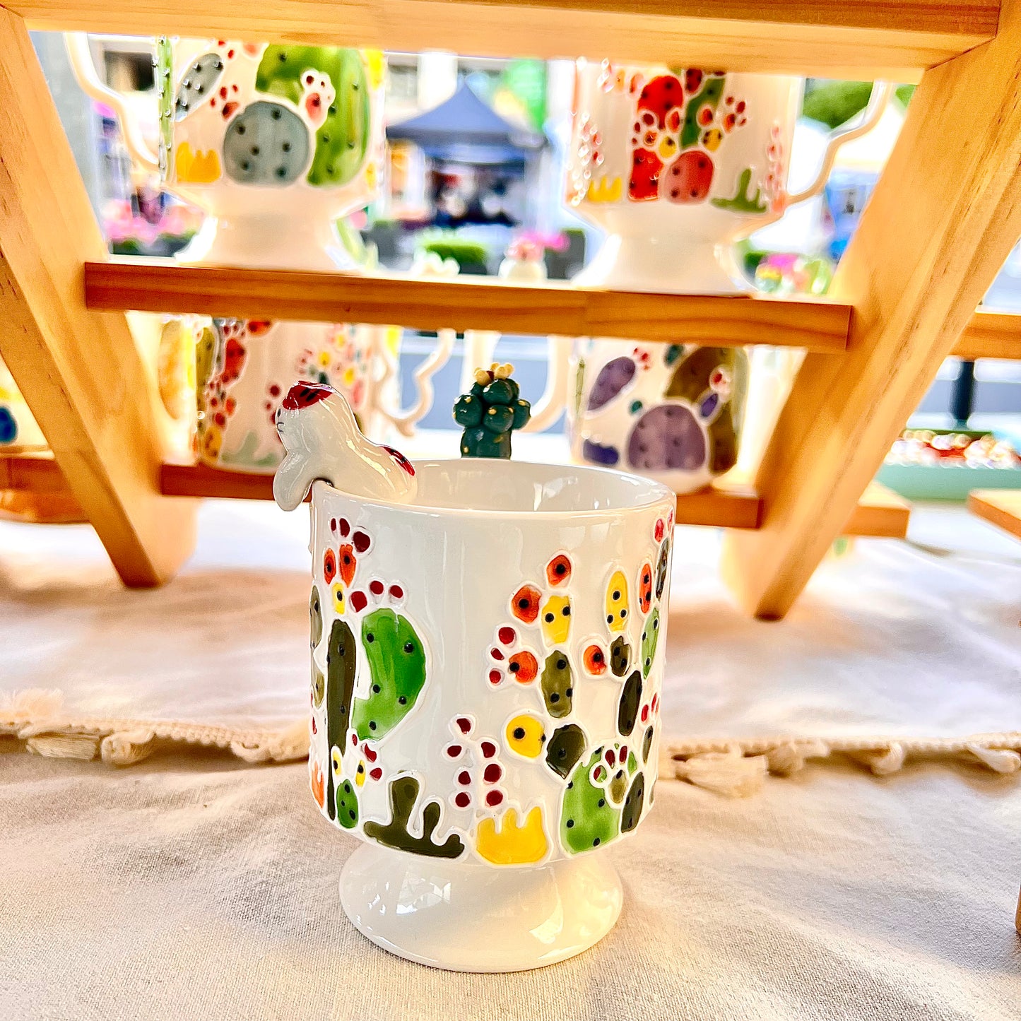 Handmade Cactus Mug with Cat Spoon