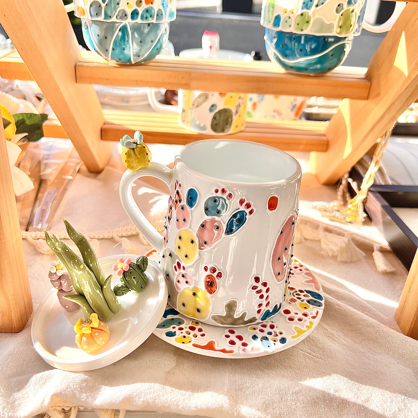 Handmade Cactus Mug Set with Cat Spoon