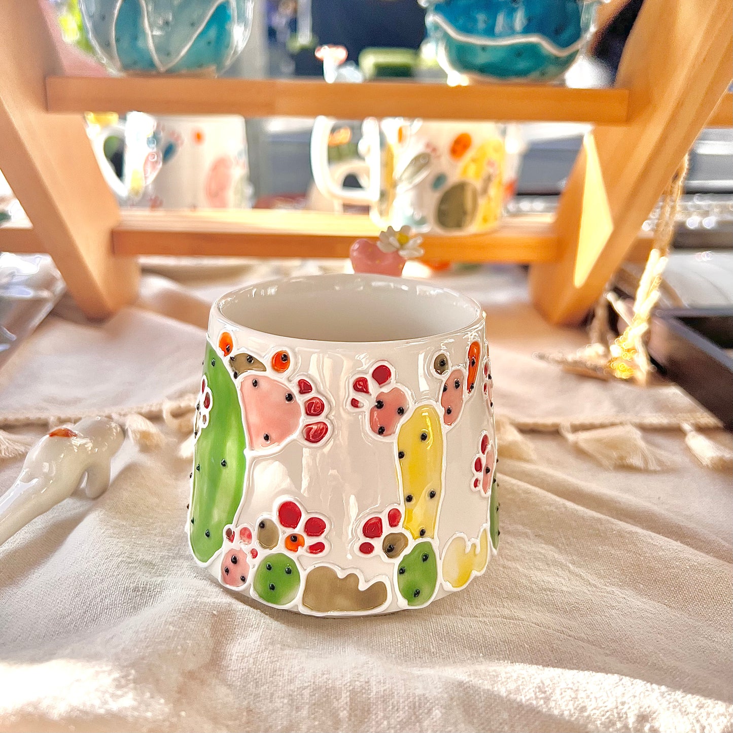 Handmade Cactus Mug with Cat Spoon