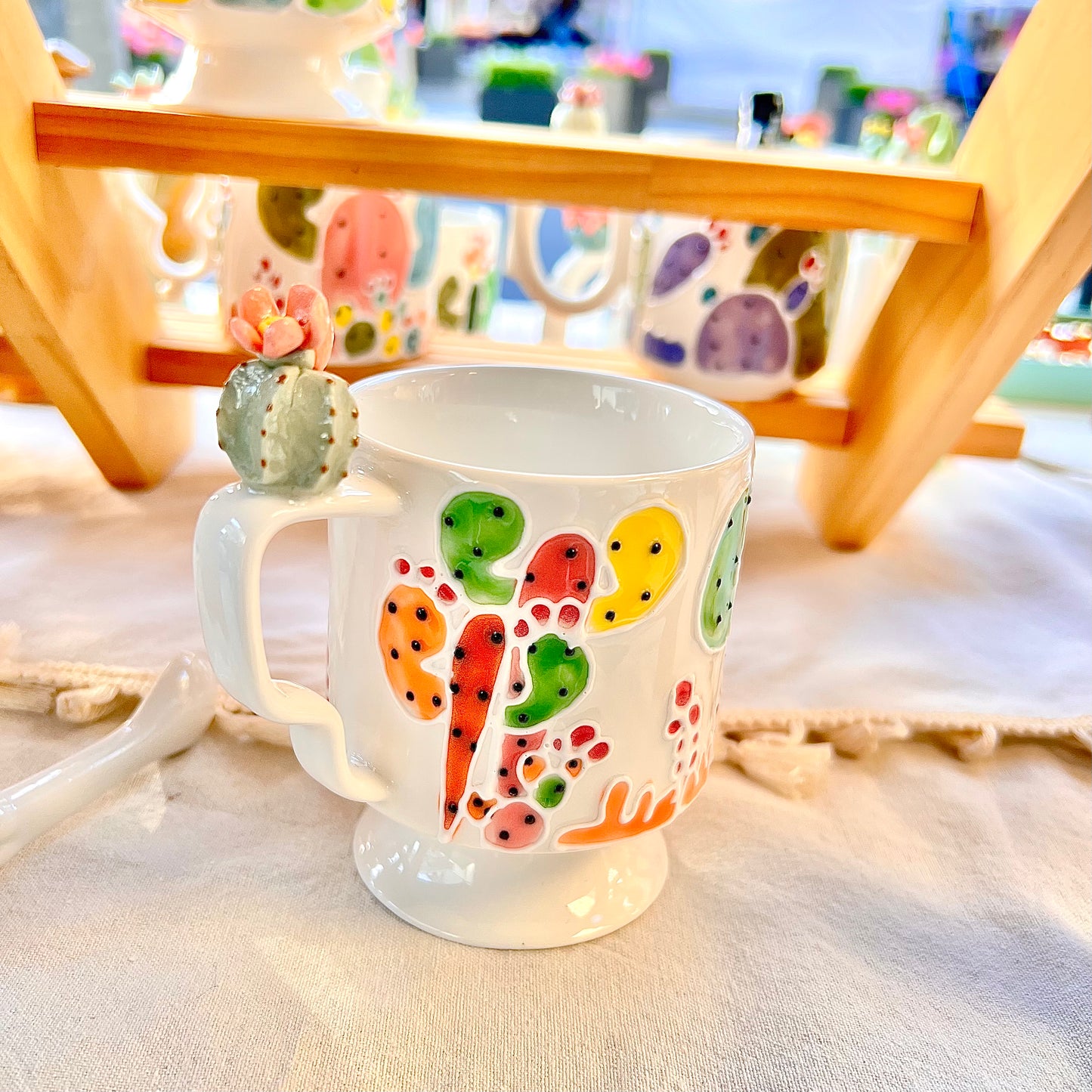 Handmade Cactus Mug with Cat Spoon