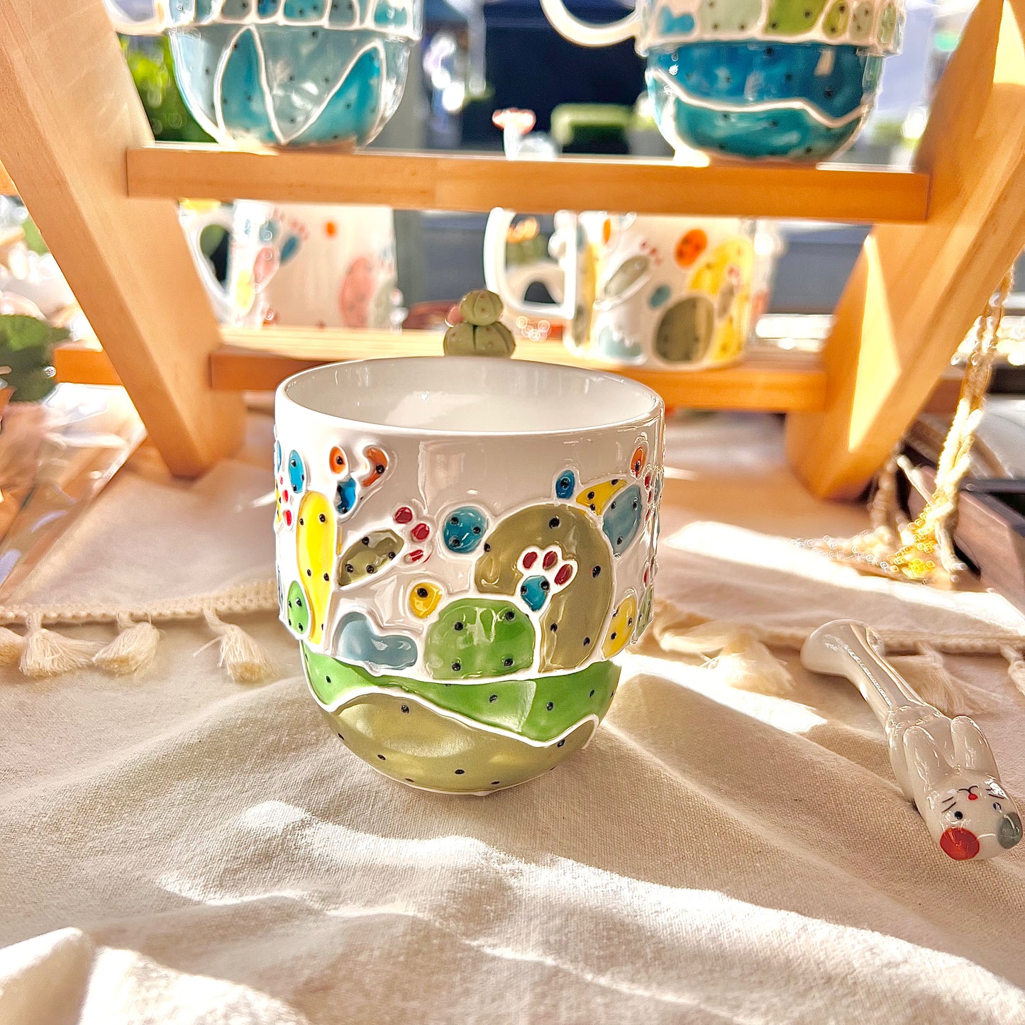 Handmade Cactus Mug with Cat Spoon