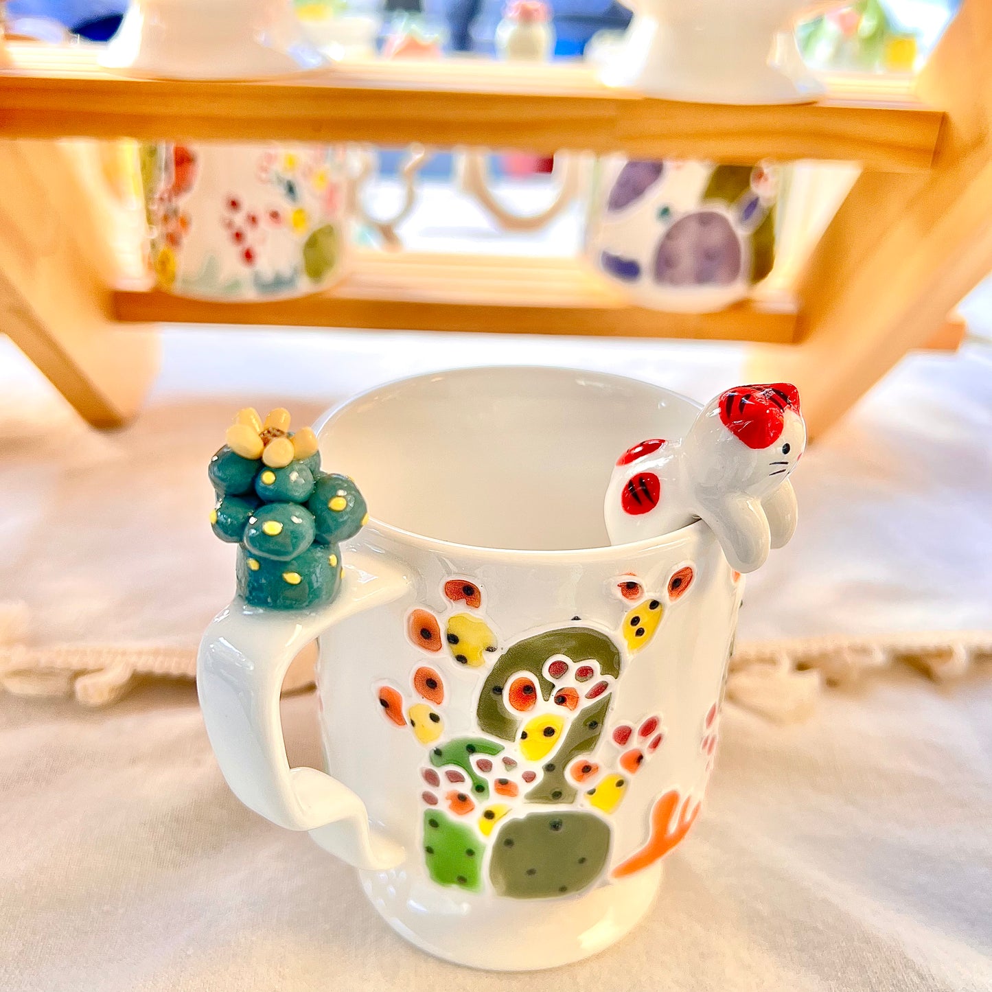 Handmade Cactus Mug with Cat Spoon