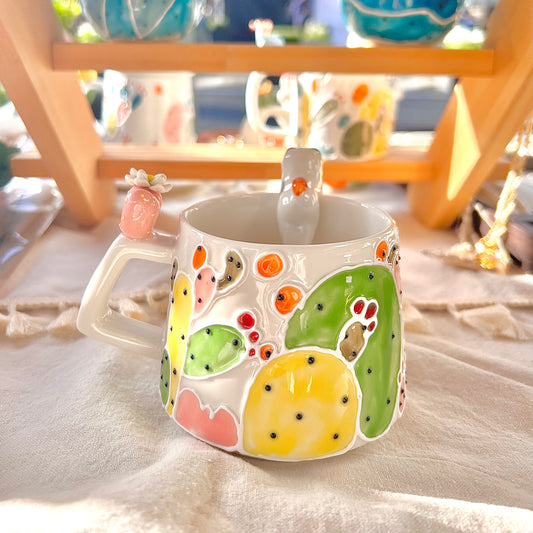 Handmade Cactus Mug with Cat Spoon