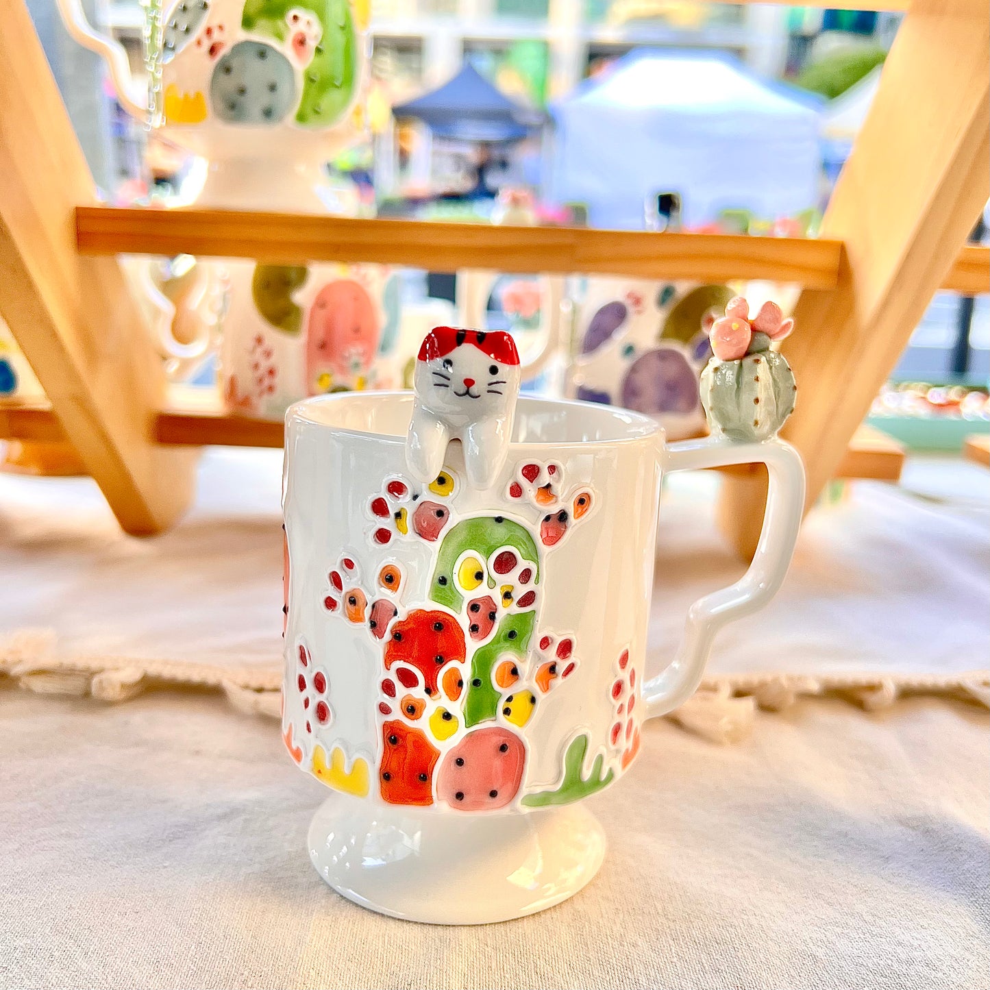 Handmade Cactus Mug with Cat Spoon