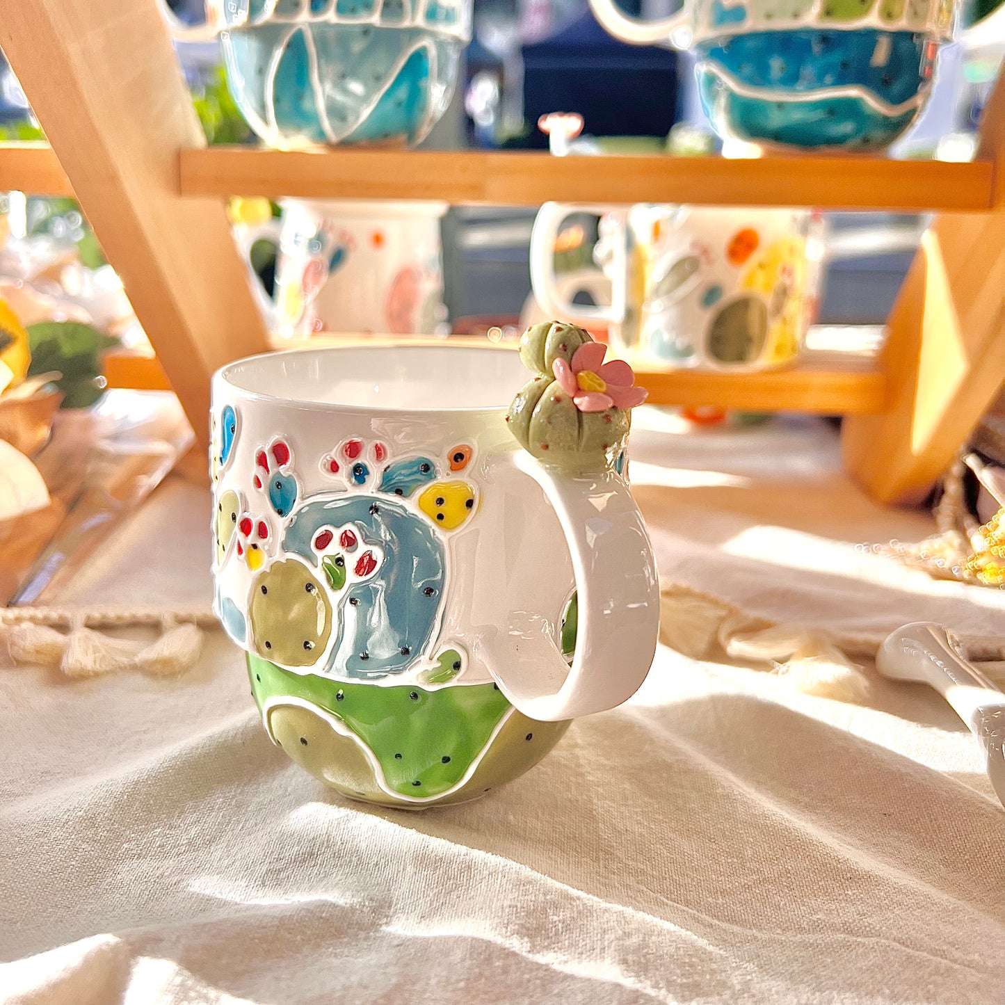 Handmade Cactus Mug with Cat Spoon
