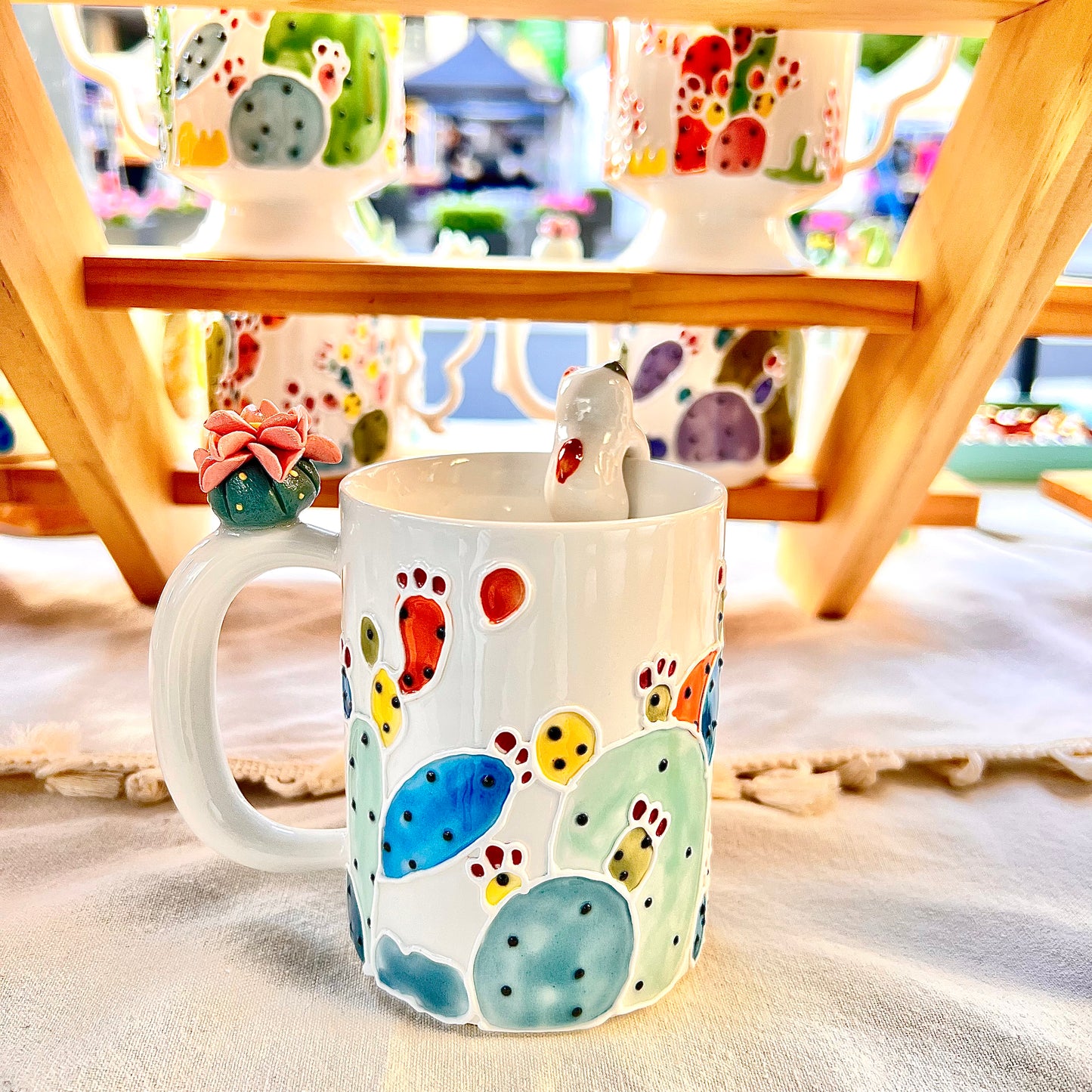 Handmade Cactus Mug with Cat Spoon