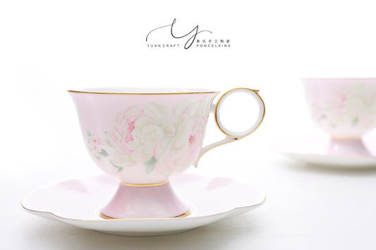Fresh Pinkish Peony Flower Teacups & Saucers Sets for Two
