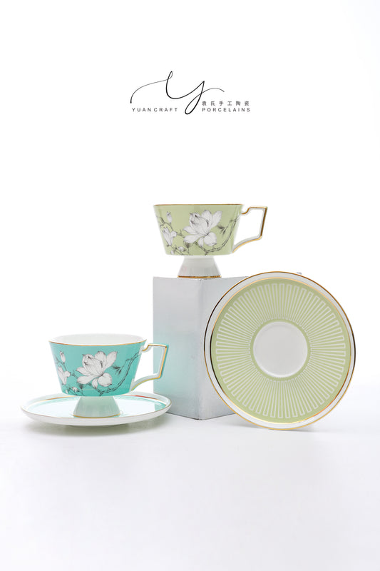 Green and Blue Magnolia Teacups & Saucers for Two