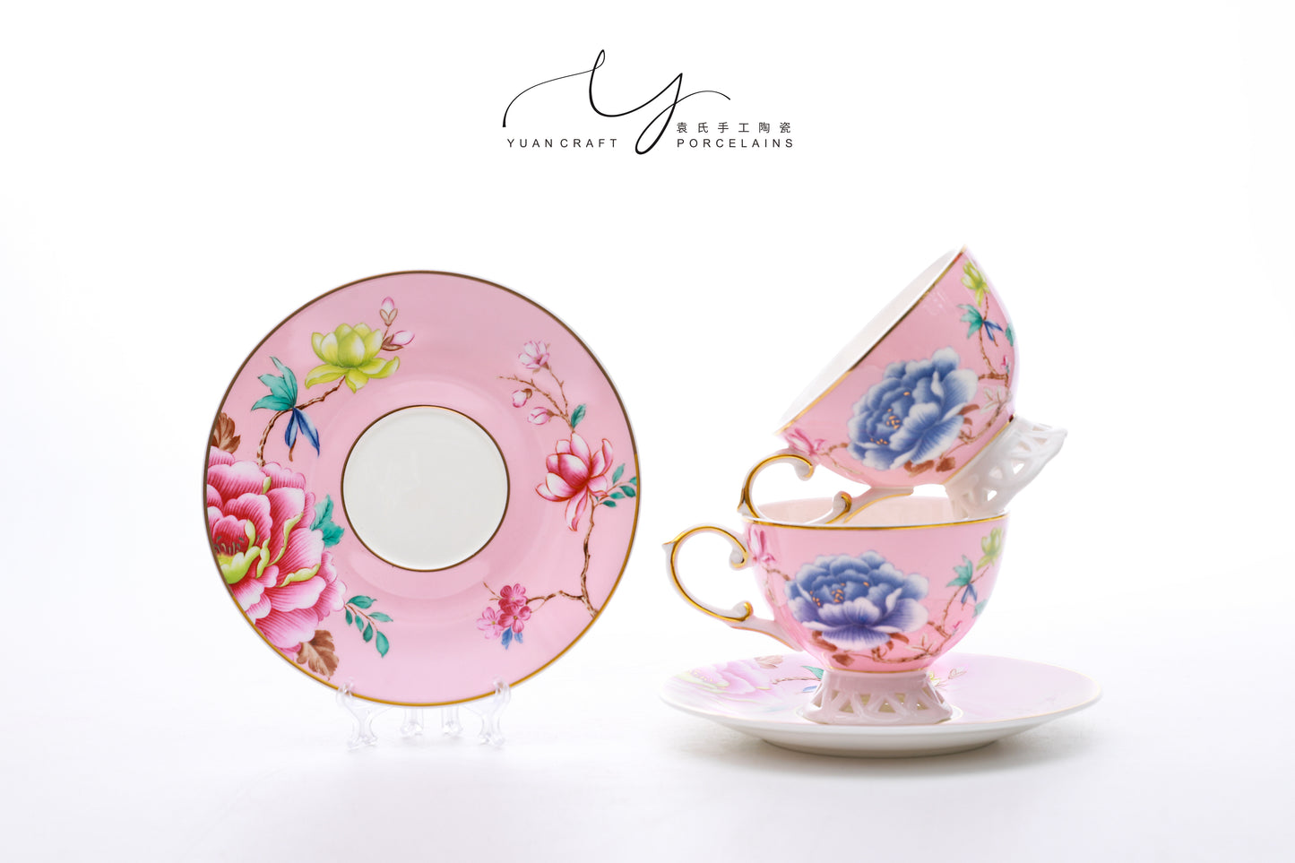 Hollowed-out Base Floral and Bird Blue Teacups & Saucers For Two