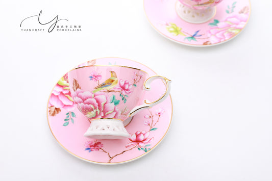 Hollowed-out Base Floral and Bird Pink Teacups & Saucers For Two