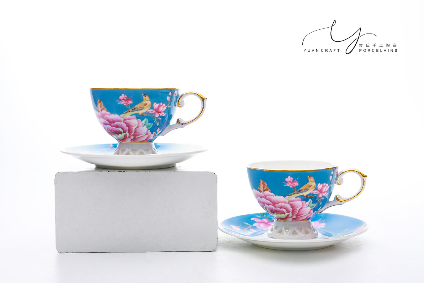 Hollowed-out Base Floral and Bird Pink Teacups & Saucers For Two