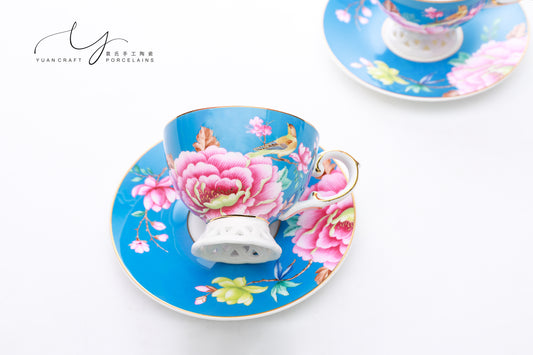 Hollowed-out Base Floral and Bird Blue Teacups & Saucers For Two