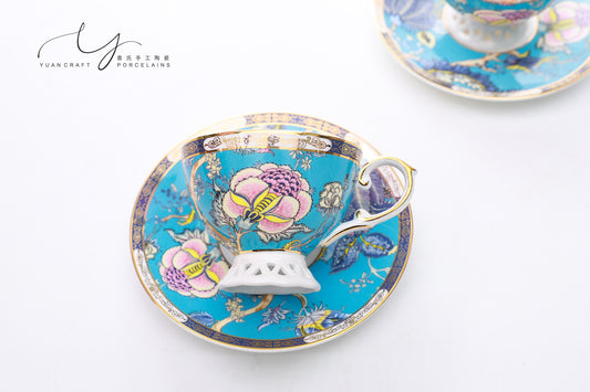 Hollowed-out Base Floral and Bees Teacups & Saucers For Two