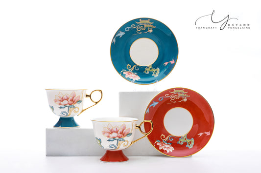 Flowers Bloom In Prosperity Dark Blue Cup & Saucer