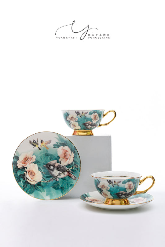 Realistic Depiction Of Flowers And  Cuckoo Teacups & Saucers Sets for Two