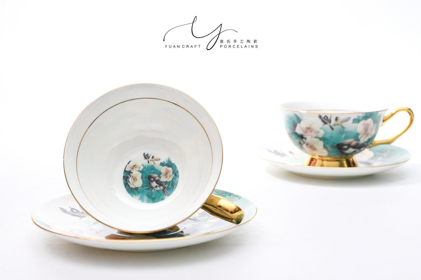 Realistic Depiction Of Flowers And  Cuckoo Teacups & Saucers Sets for Two