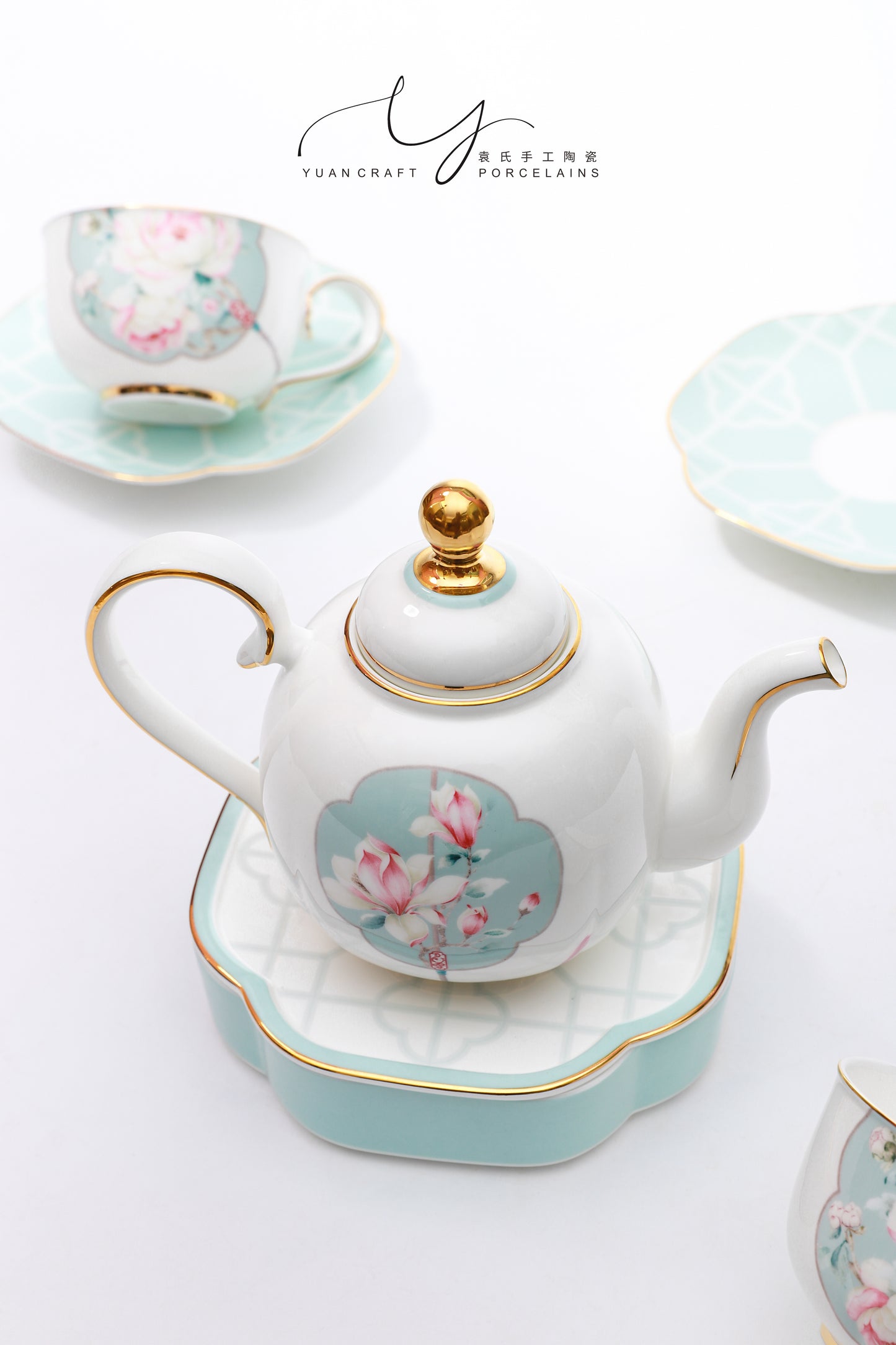 Jade Fan Lotus Flowers Tea Sets with 6 Pieces