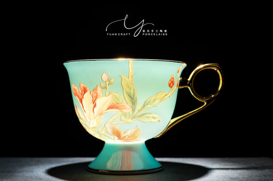 Butterflies in Love with Flowers Blue Teacup & Saucer