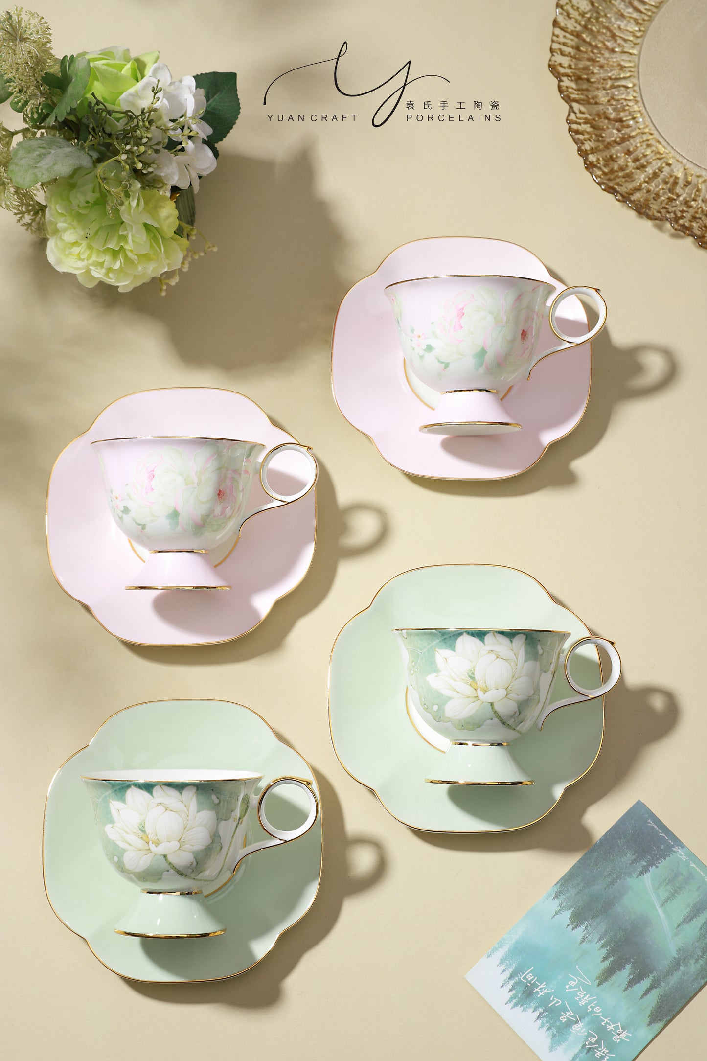 Fresh Pinkish Peony Flower Teacups & Saucers Sets for Two