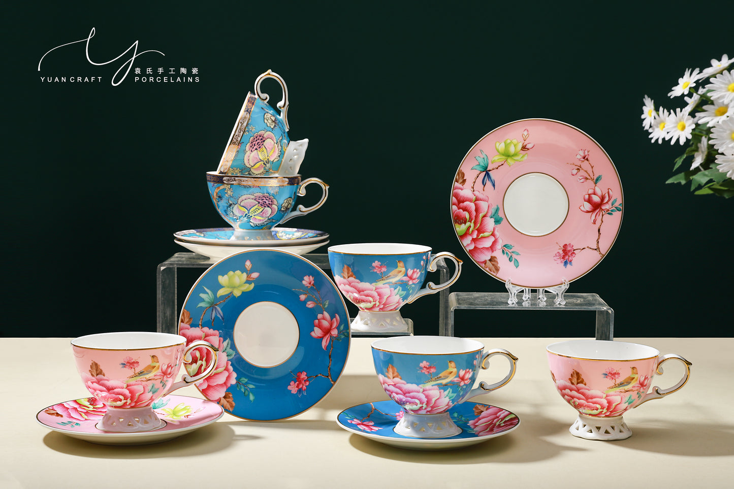 Hollowed-out Base Floral and Bees Teacups & Saucers For Two