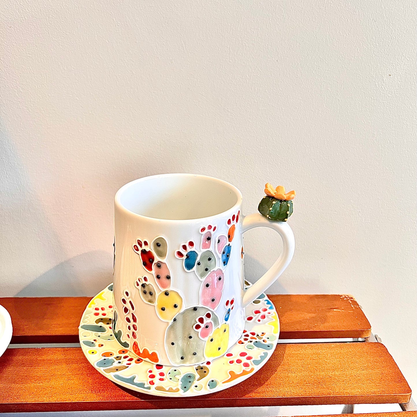 Handmade Cactus Mug Set with Cat Spoon