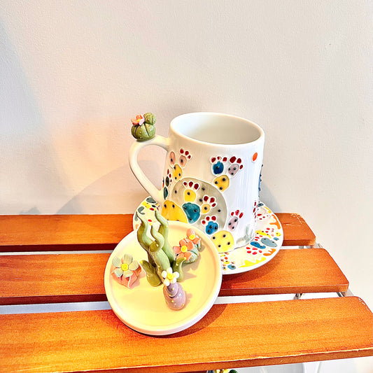 Handmade Cactus Mug Set with Cat Spoon