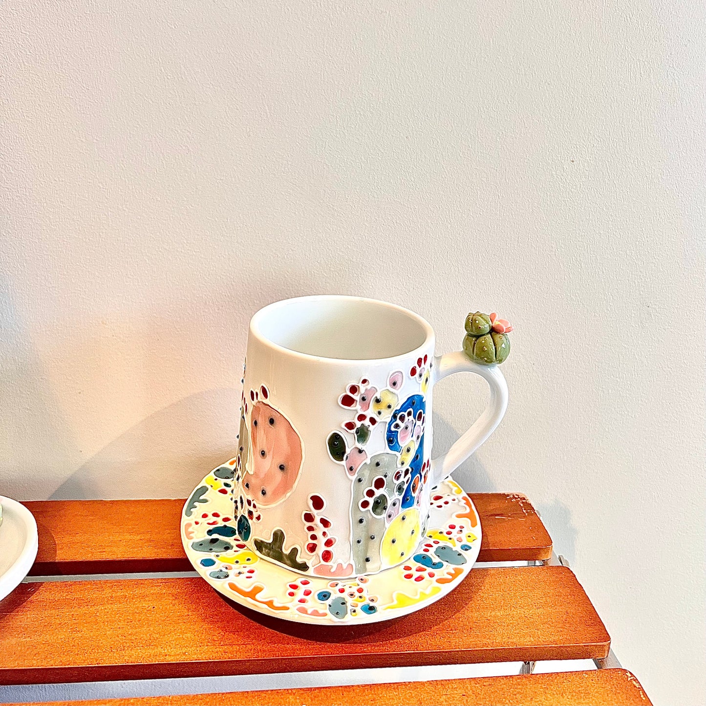 Handmade Cactus Mug Set with Cat Spoon