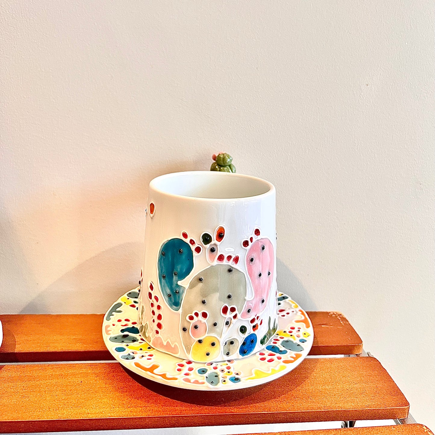 Handmade Cactus Mug Set with Cat Spoon