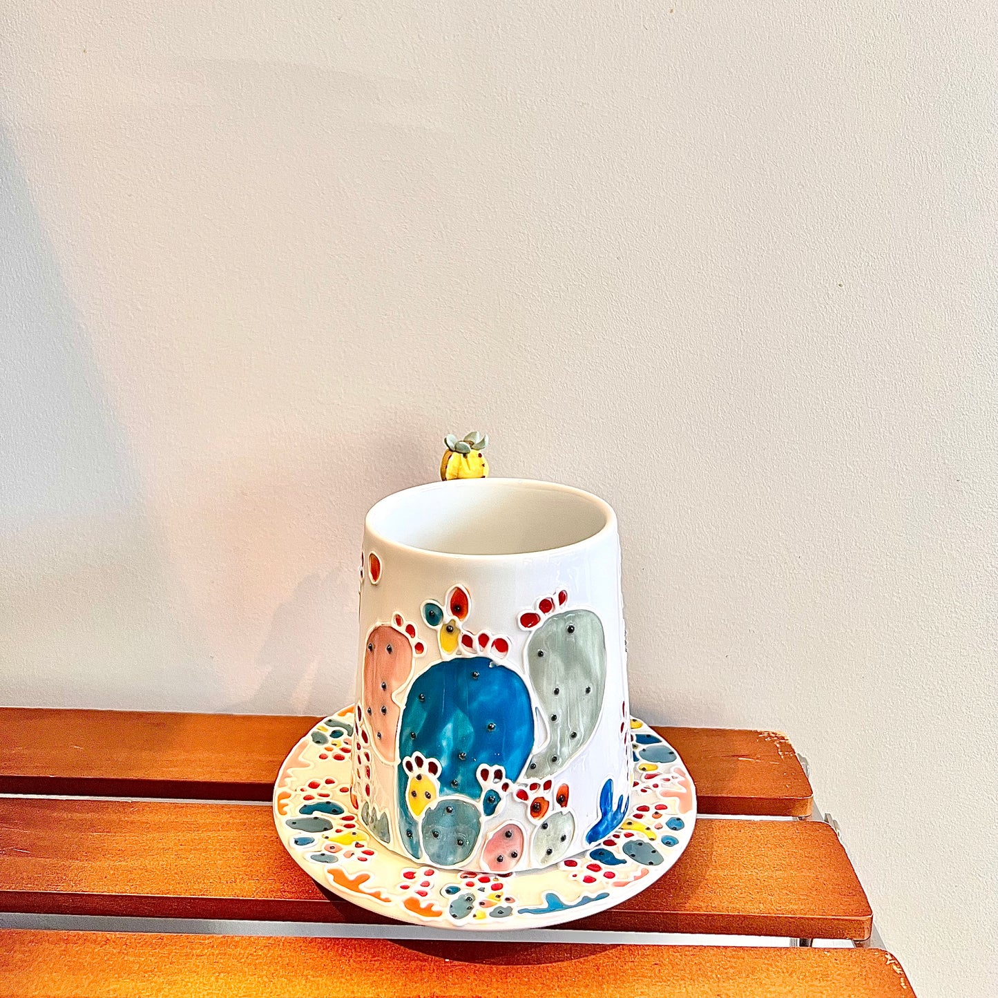 Handmade Cactus Mug Set with Cat Spoon
