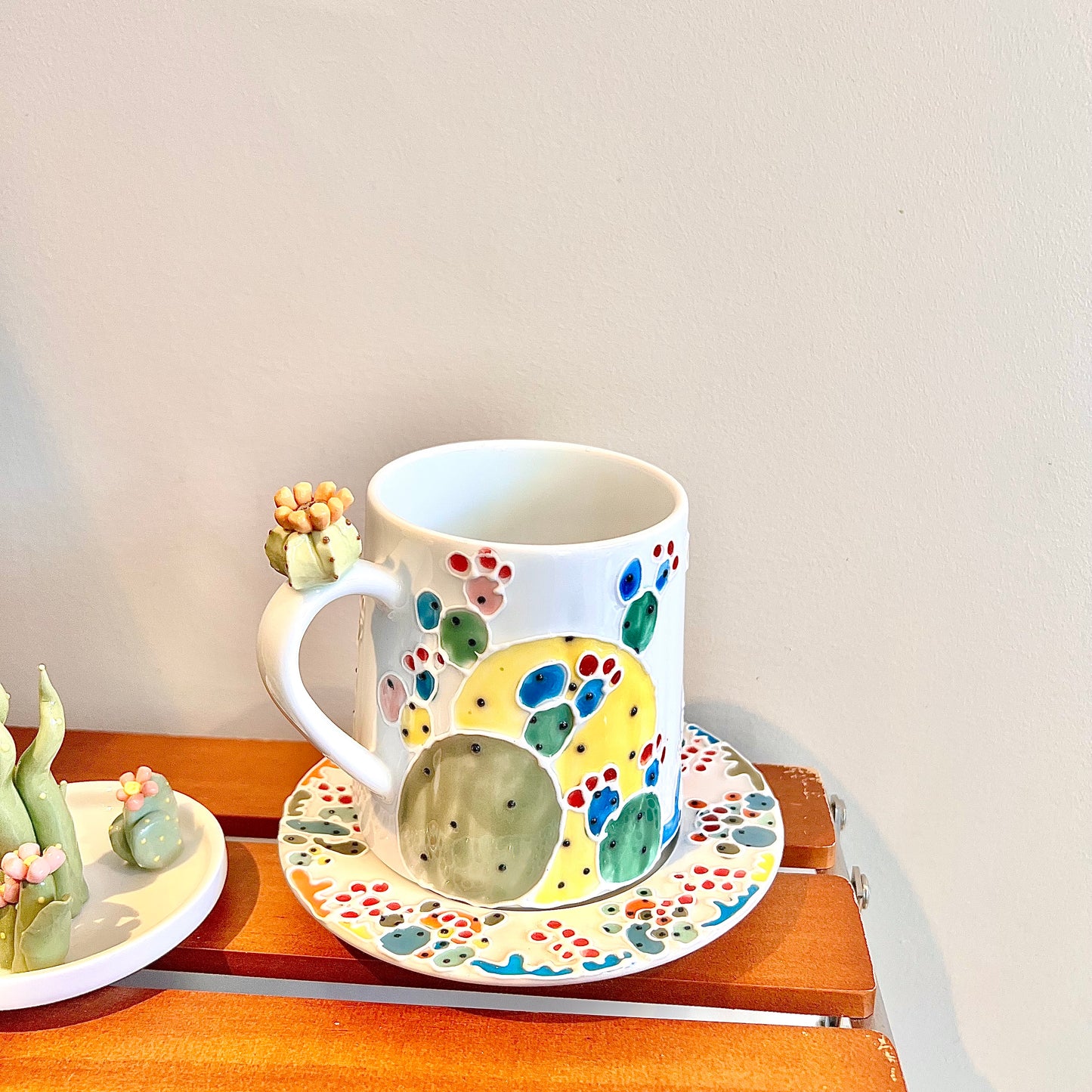 Handmade Cactus Mug Set with Cat Spoon