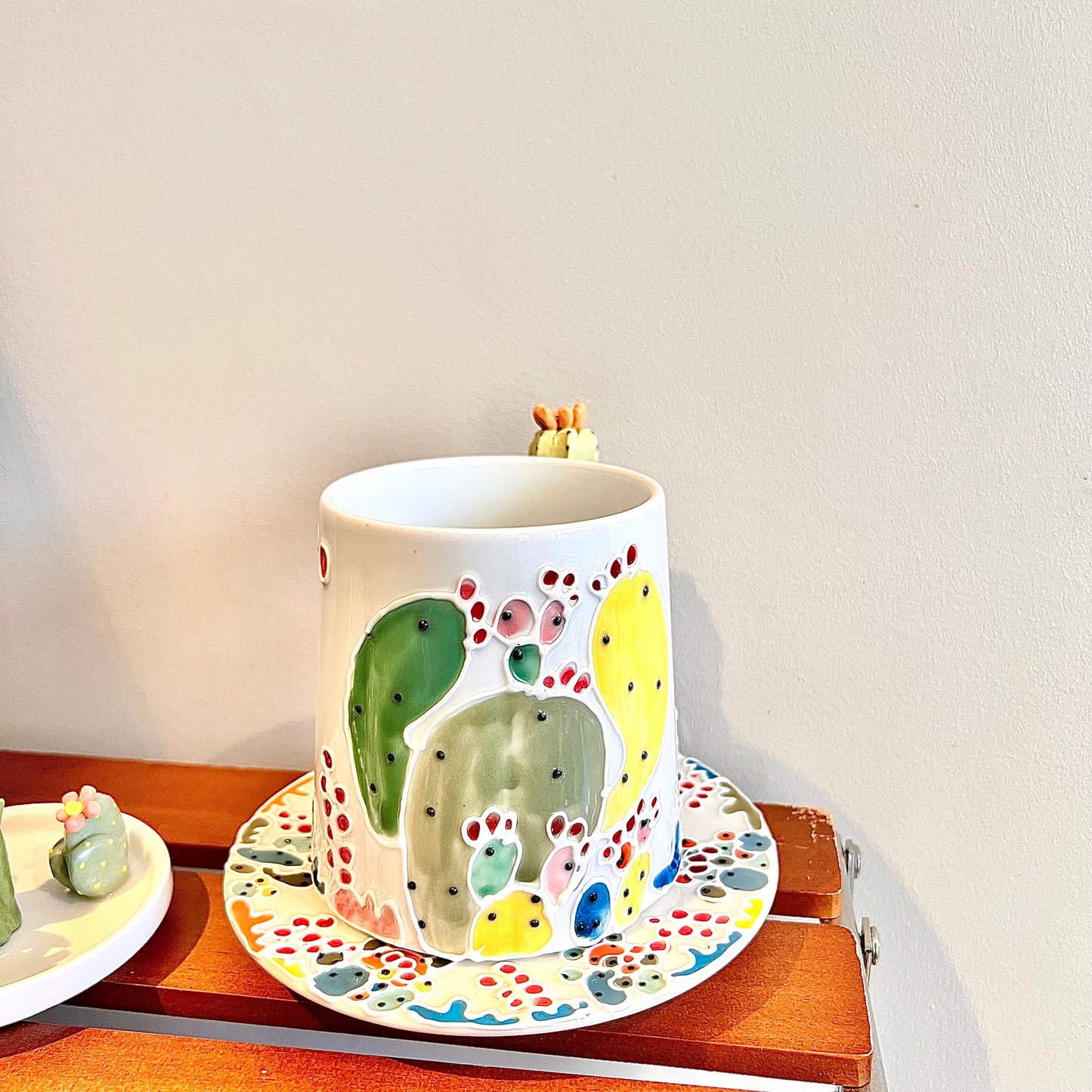 Handmade Cactus Mug Set with Cat Spoon